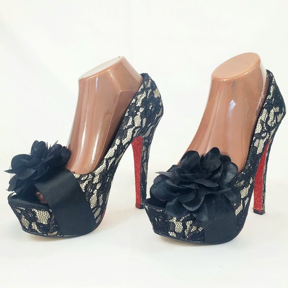 Mojo Moxy Black Floral Lace Platform Stiletto Glitter Heels Size 9 SH1346 - Picture 1 of 8